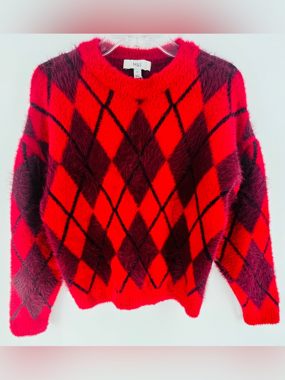 M&S Fuzzy Fluffy Argyle Mohair Style Sweater Red Burgundy NWT Medium